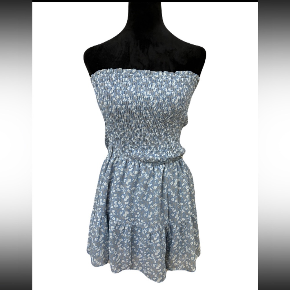Medium Blue floral off the shoulder strapless dress